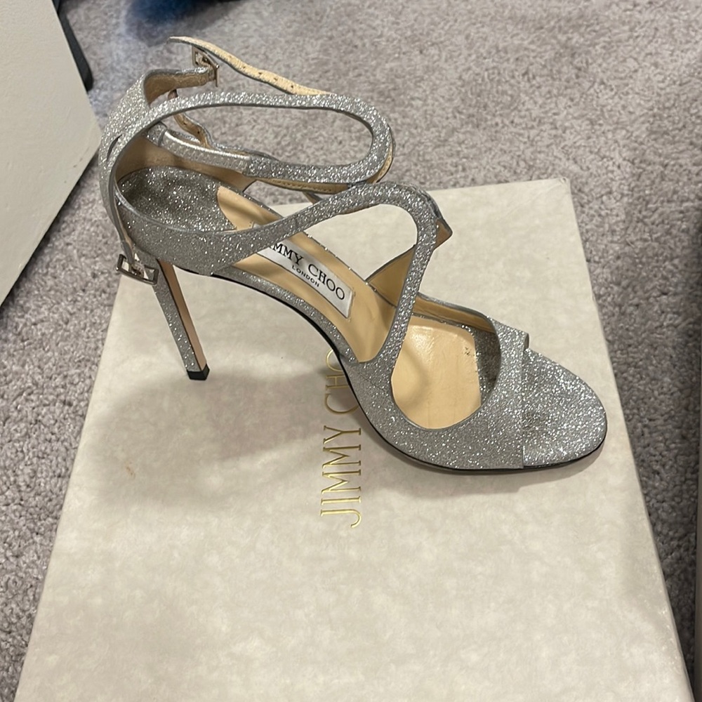 Jimmy Choo Silver Sparkle ankle strap heels 37.5 worn once!